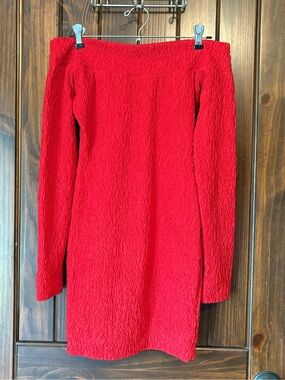 Vintage Charles Edward Powers Off-Shoulder Red Textured Long-Sleeve Dress